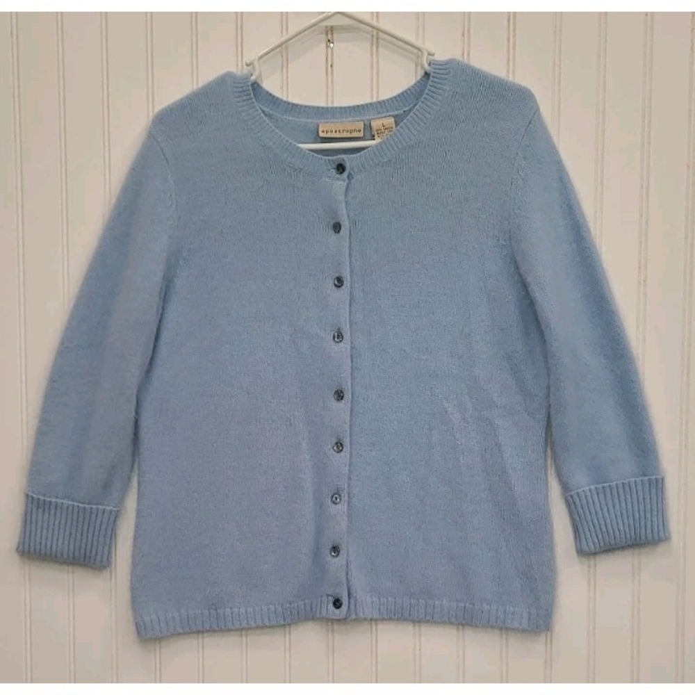 Apostrophe 3/4 Sleeve Angora Hair Button Up Cardigan Sweater Baby Blue Size L